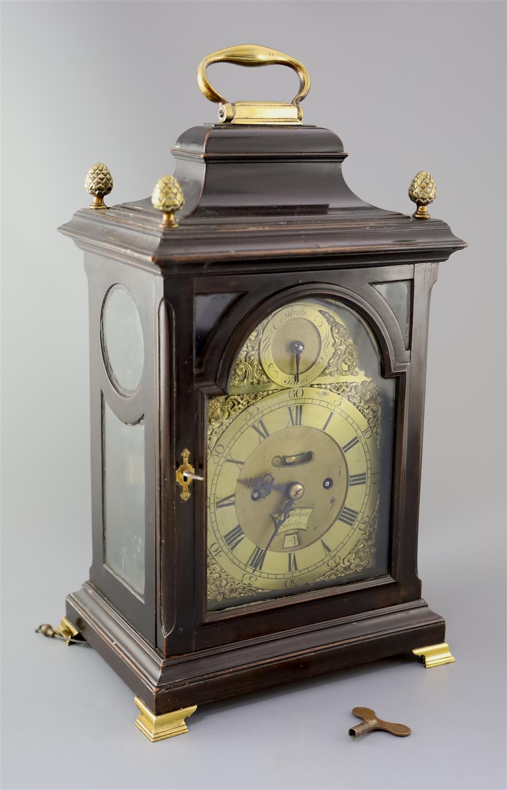 John Fladgate of London. A George III ebonised pear wood repeating bracket clock, height 16.5in.